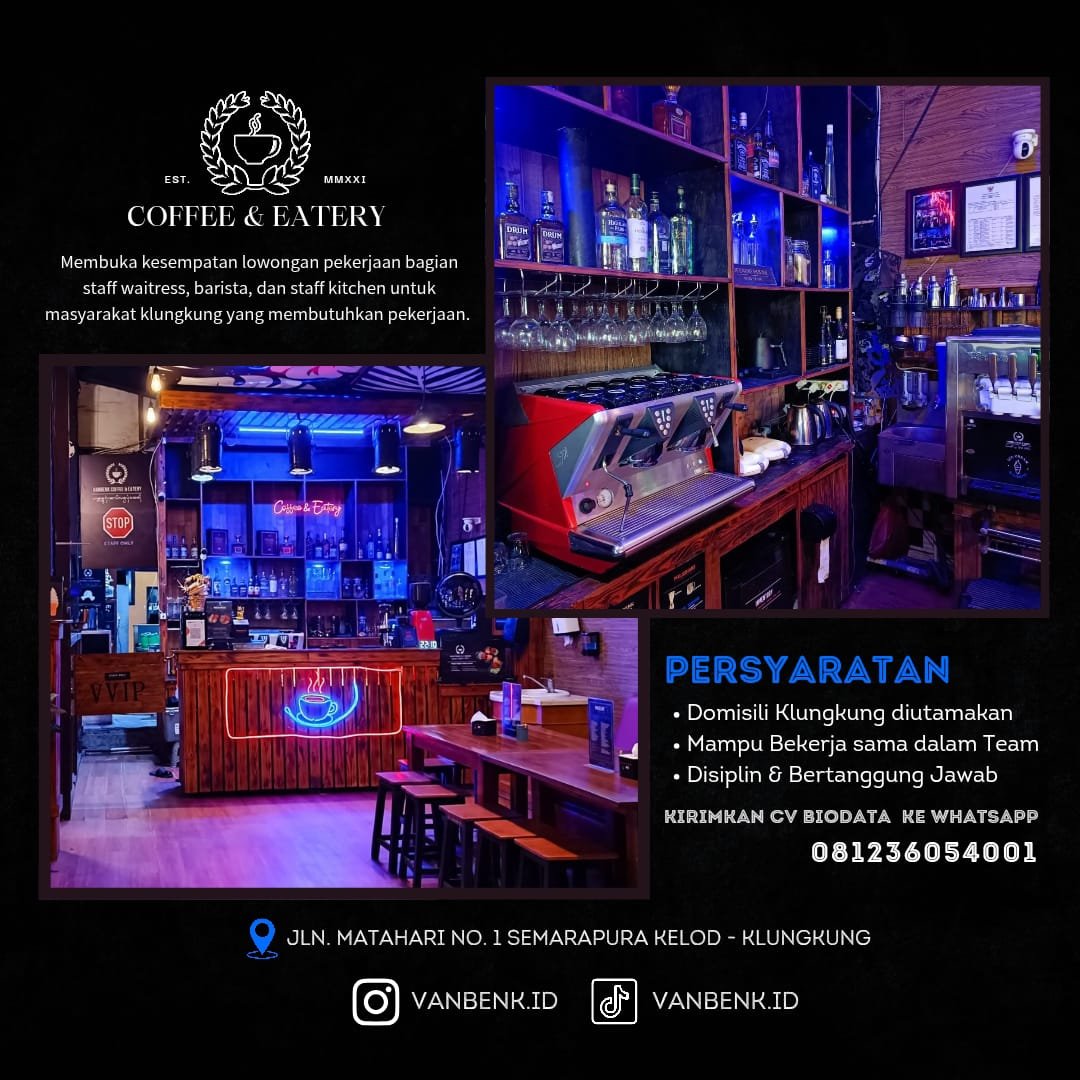 Lowongan Waitress, Barista, & Kitchen Vanbenk Klungkung