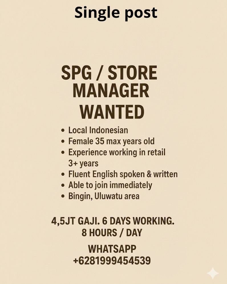 Lowongan Pekerjaan SPG/Store Manager di Bingin Uluwatu