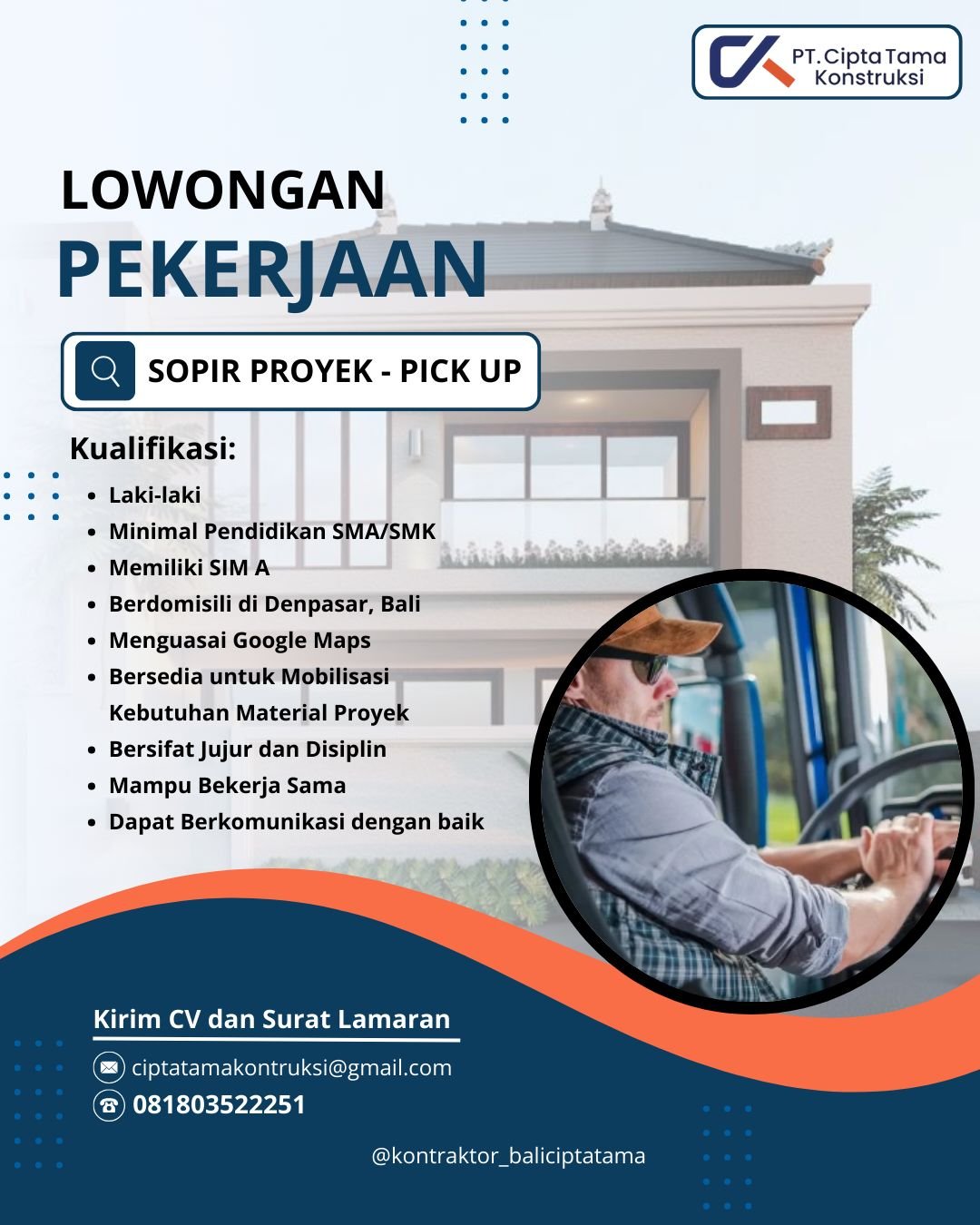 Lowongan Sopir Proyek Pick Up PT Cipta Tama Konstruksi Denpasar