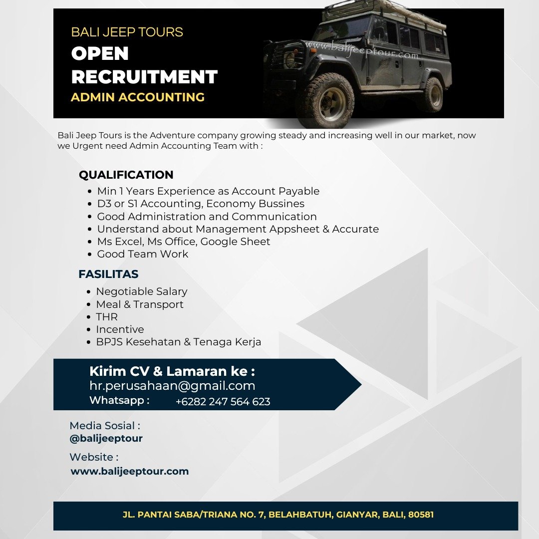 Lowongan Admin Accounting & Operation Team Bali Jeep Tours
