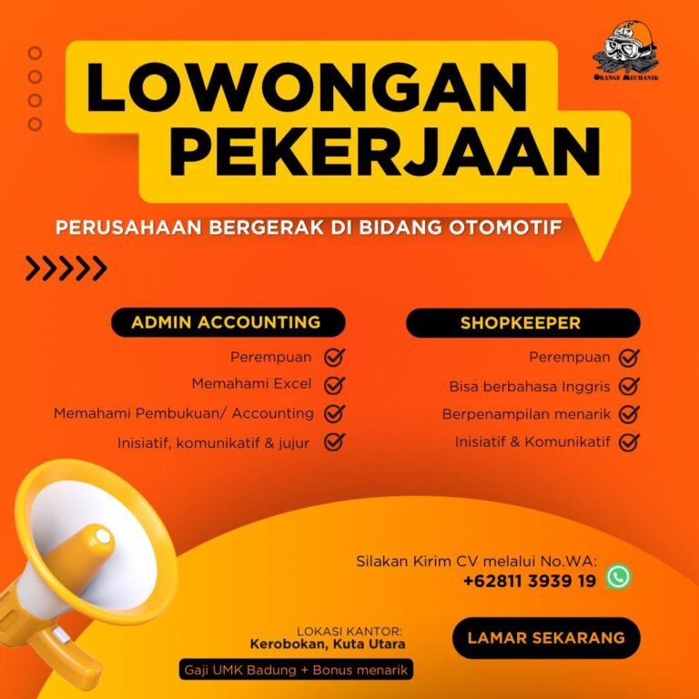 Lowongan Pekerjaan Admin Accounting & Shopkeeper di Orange Mechanik Badung