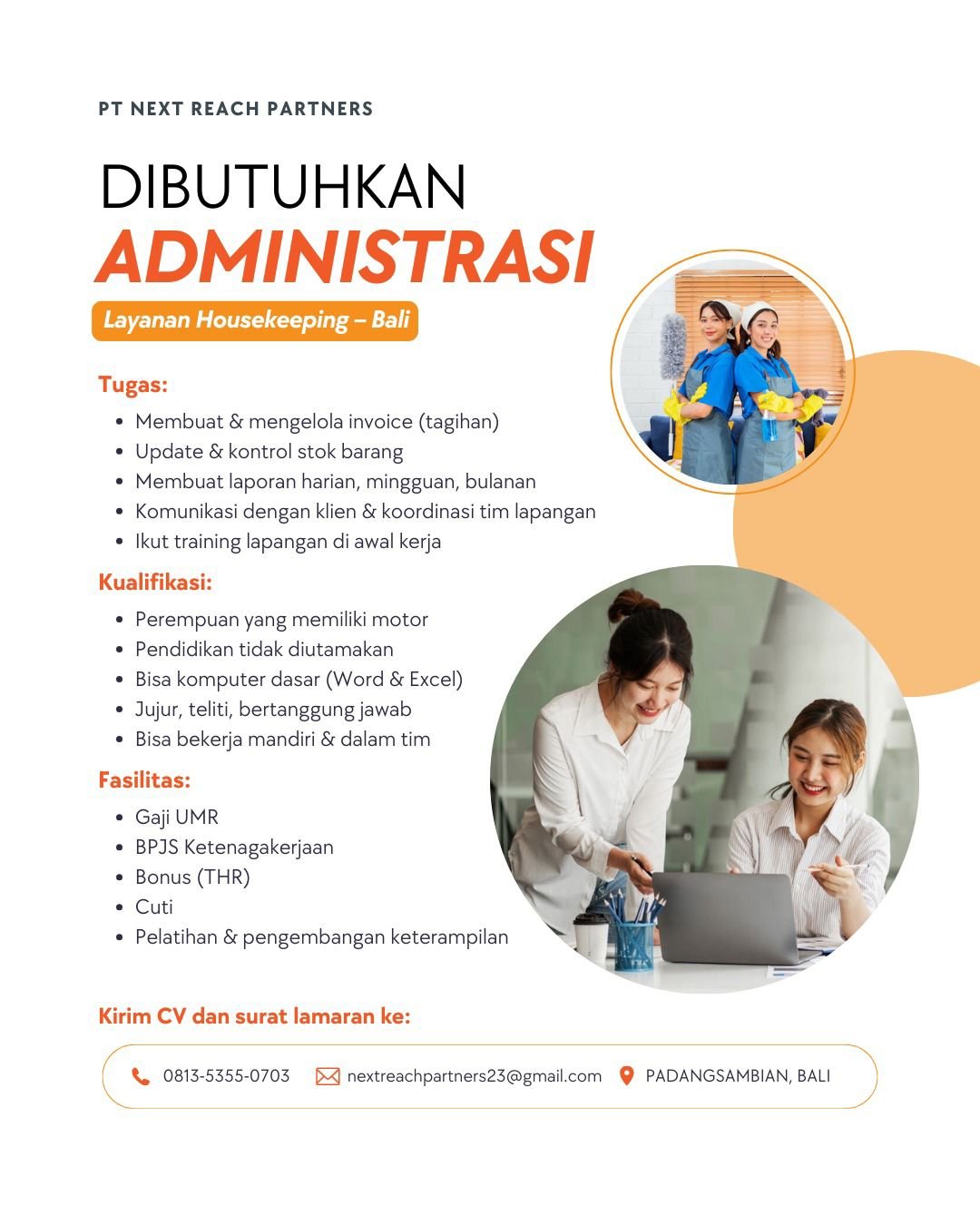 Lowongan Administrasi PT Next Reach Partners Padangsambian