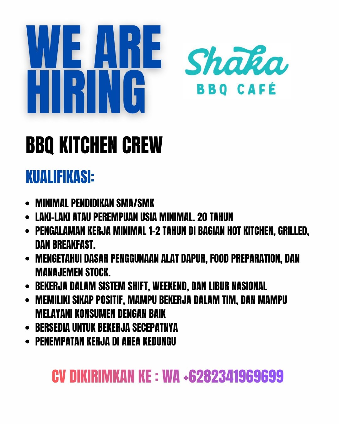 Lowongan BBQ Kitchen Crew Shaka BBQ Cafe Kedungu