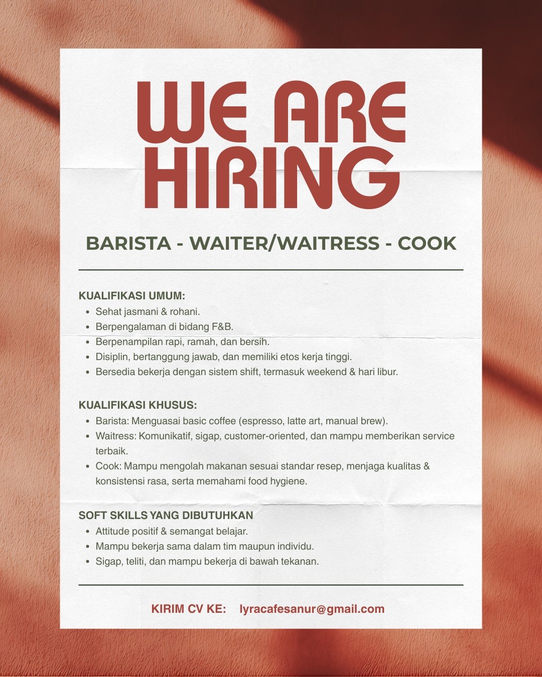 Lowongan Barista, Waiter, & Cook Lyra Cafe Sanur