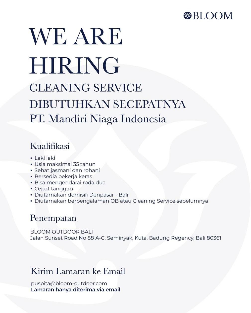 Lowongan Pekerjaan Cleaning Service di BLOOM Outdoor Bali Seminyak