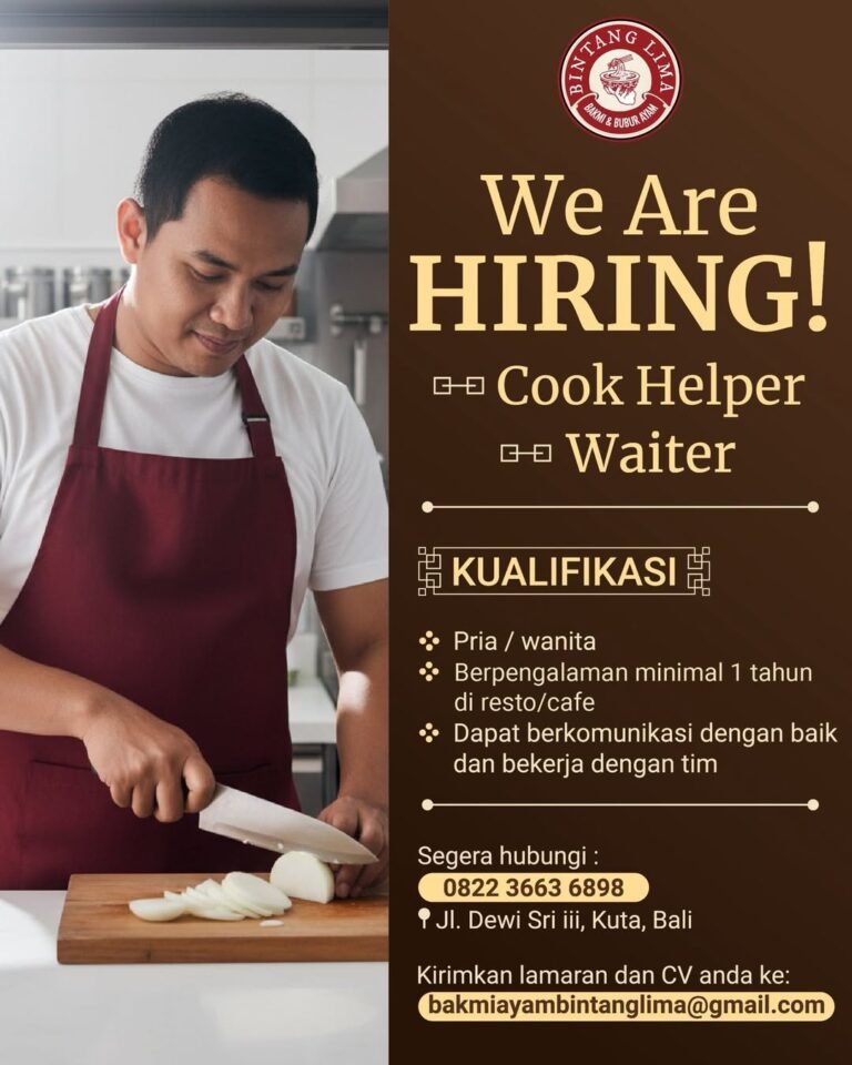 Lowongan Pekerjaan Cook Helper & Waiter di Tanglimba Kuta