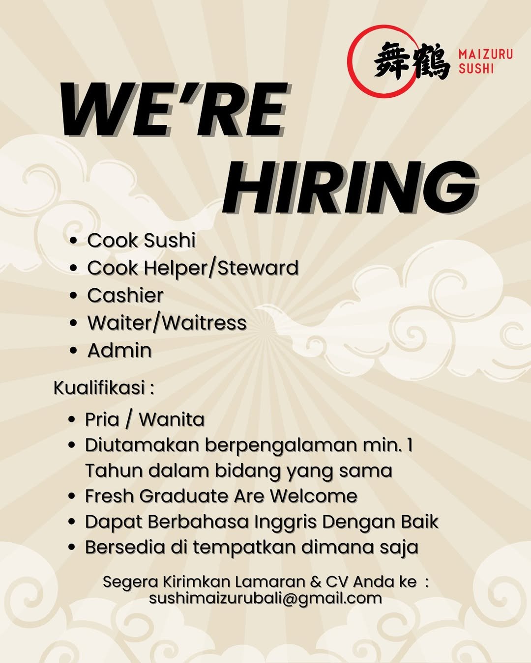 Lowongan Kerja Maizuru Sushi (Multi Posisi) Bali