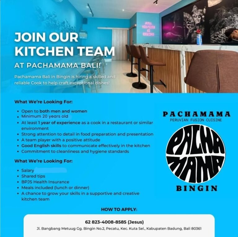 Dibutuhkan segera Cook untuk Pachamama Bingin di Pecatu, Bali.Kirimkan cv