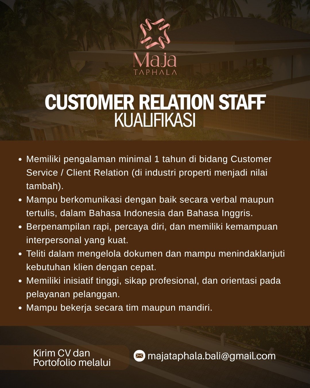 Lowongan CRS, QS, & Pengawas Lapangan Maja Taphala Bali