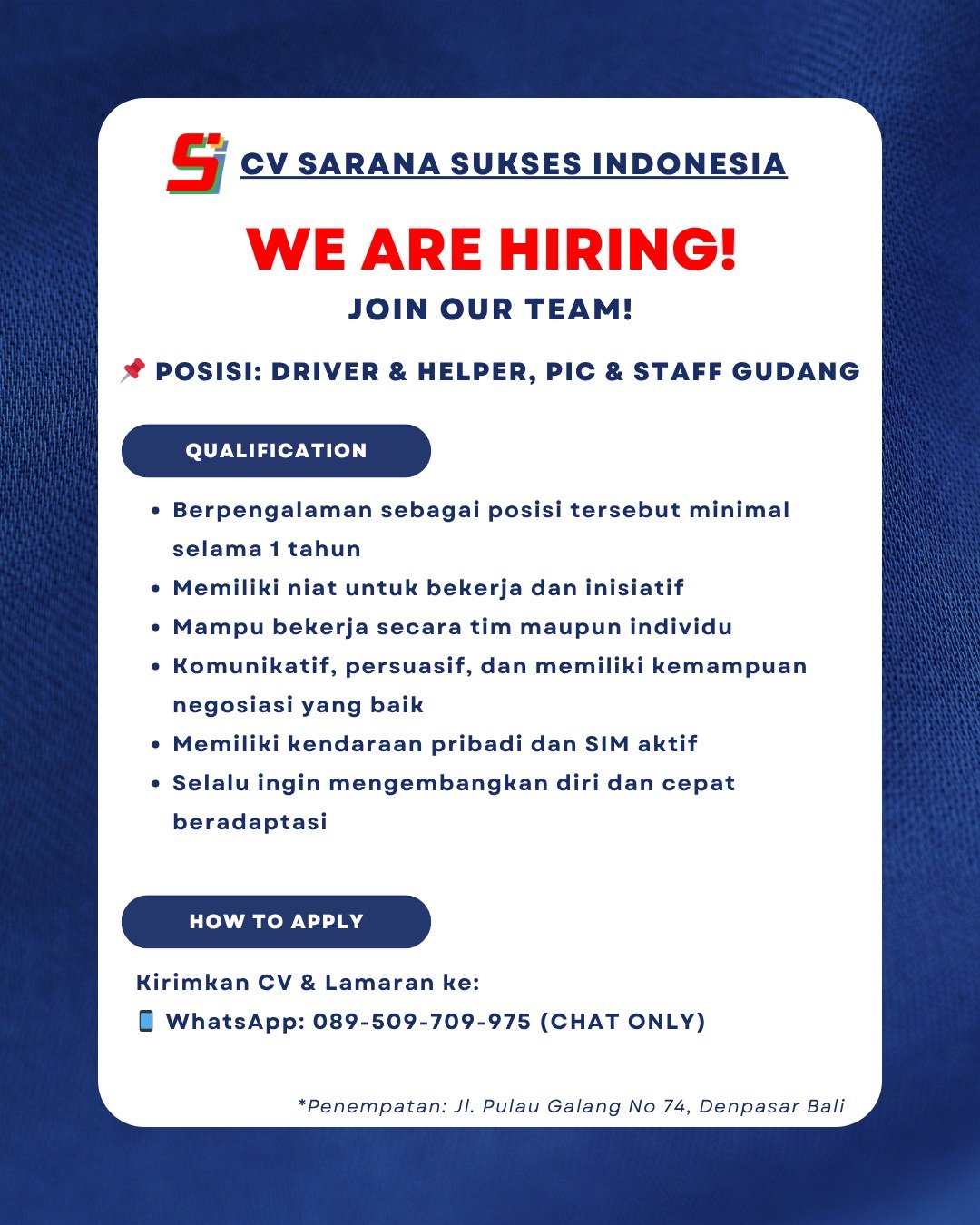 Lowongan Pekerjaan CV Sarana Sukses Indonesia Denpasar
