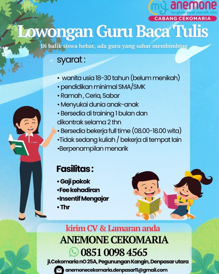 Lowongan Pekerjaan Guru Baca Tulis di Anemone Cekomaria Denpasar