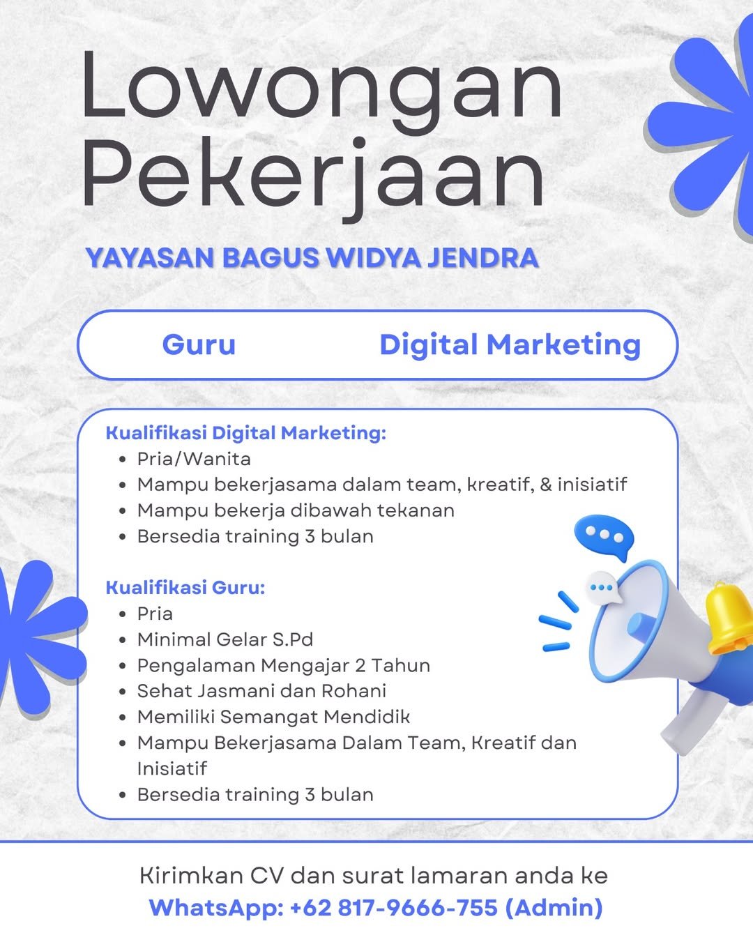 Lowongan Pekerjaan Guru & Digital Marketing di Yayasan Bagus Widya Jendra Bali
