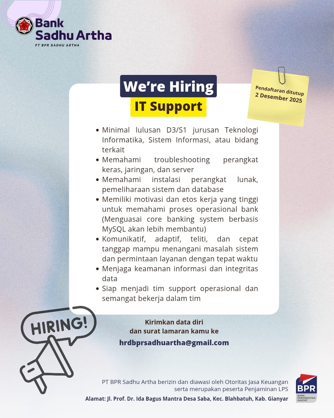 Lowongan IT Support PT BPR Sadhu Artha Gianyar