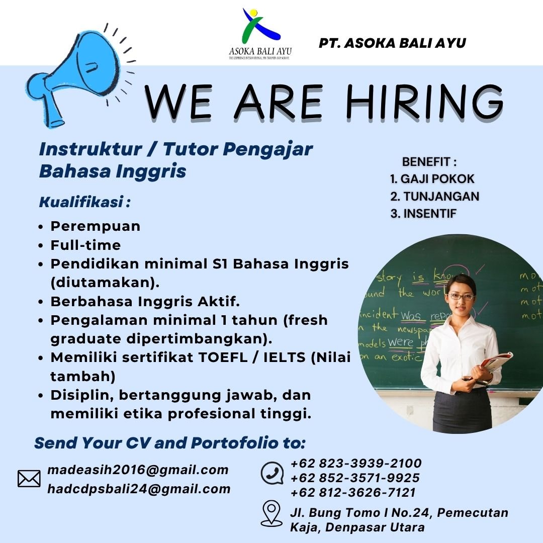 Lowongan Instruktur Bahasa Inggris Asoka Bali Ayu Denpasar