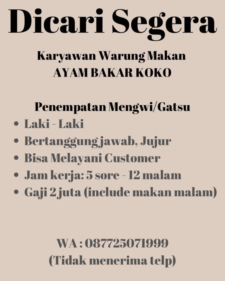 Lowongan Karyawan Warung Makan Ayam Bakar Koko (Mengwi/Gatsu)