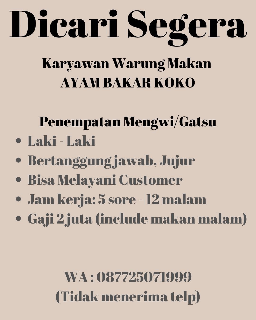 Lowongan Karyawan Warung Makan Ayam Bakar Koko (Mengwi/Gatsu)