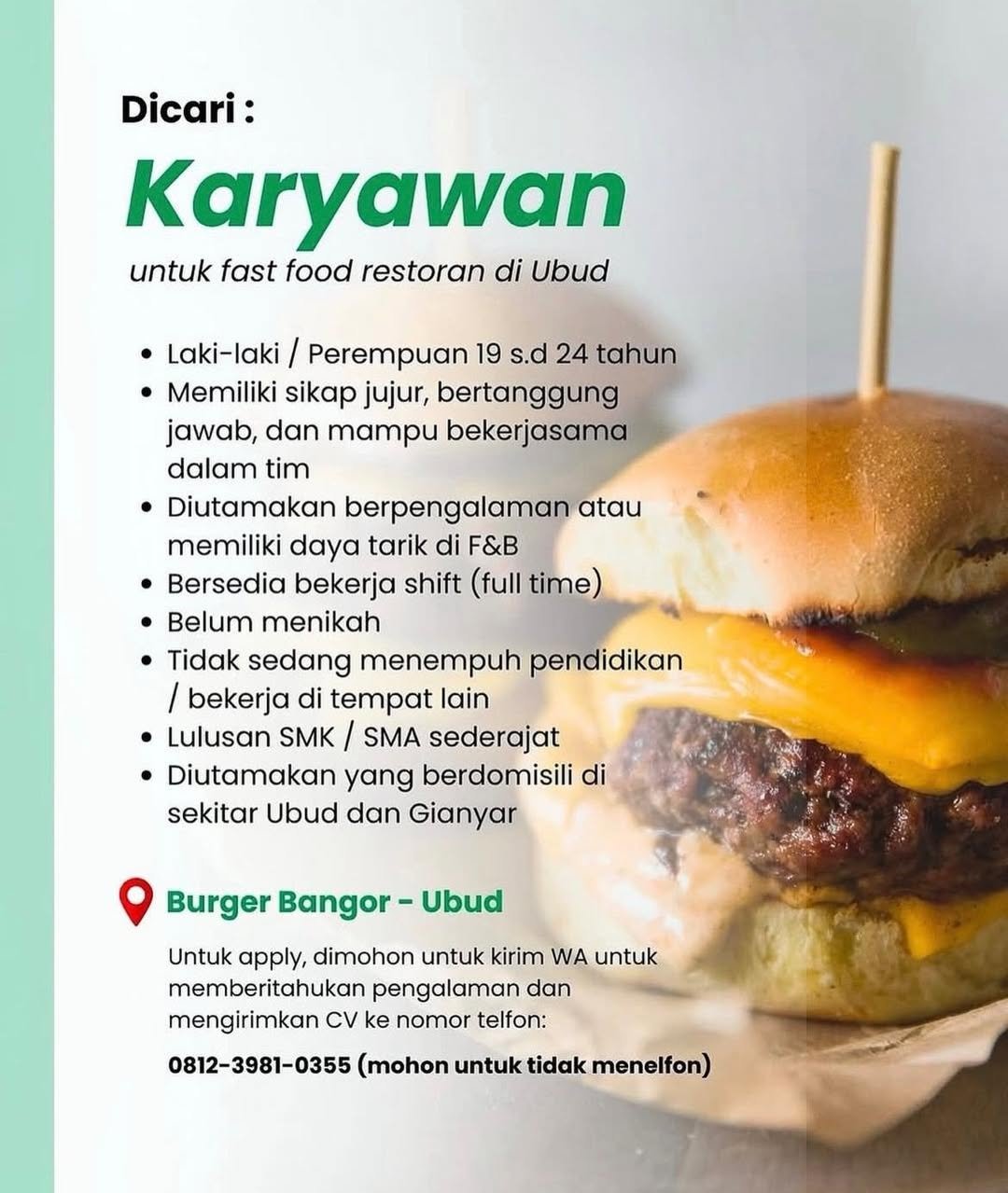 Lowongan Karyawan Burger Bangor Ubud