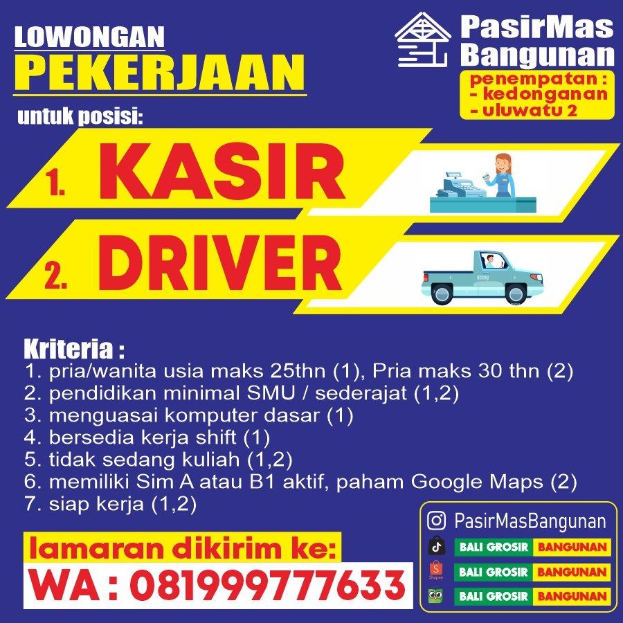 Lowongan Pekerjaan PasirMas Bangunan Kedonganan & Uluwatu