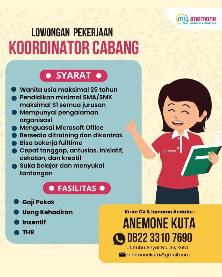 Lowongan Koordinator Cabang Anemone Kuta