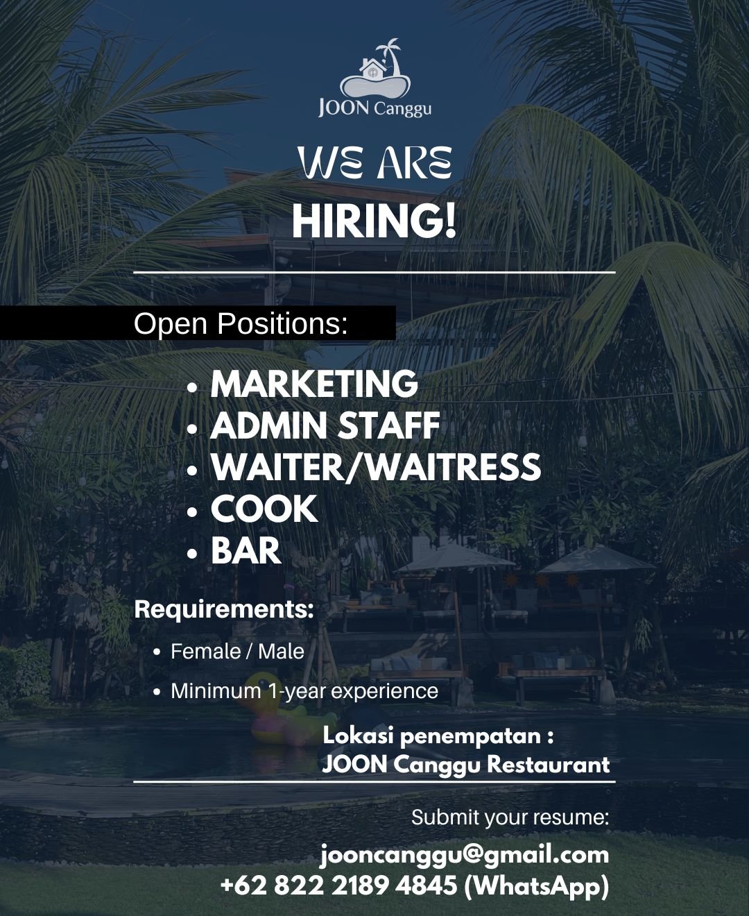Lowongan Marketing, Admin, Waiter, Cook, & Bar JOON Canggu