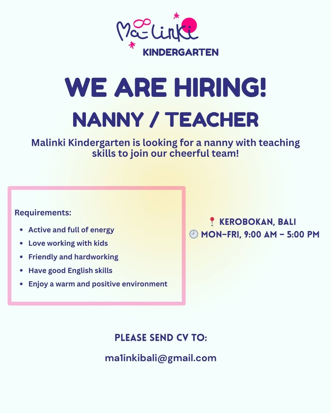 Lowongan Nanny/Teacher Malinki Kindergarten Kerobokan