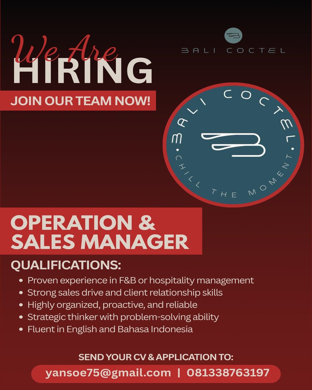 Lowongan Operation & Sales Manager Bali Coctel
