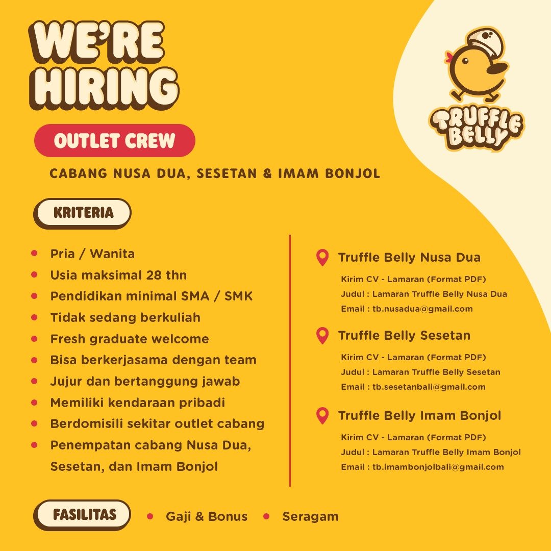 Lowongan Outlet Crew Truffle Belly (Nusa Dua, Sesetan, Imam Bonjol)