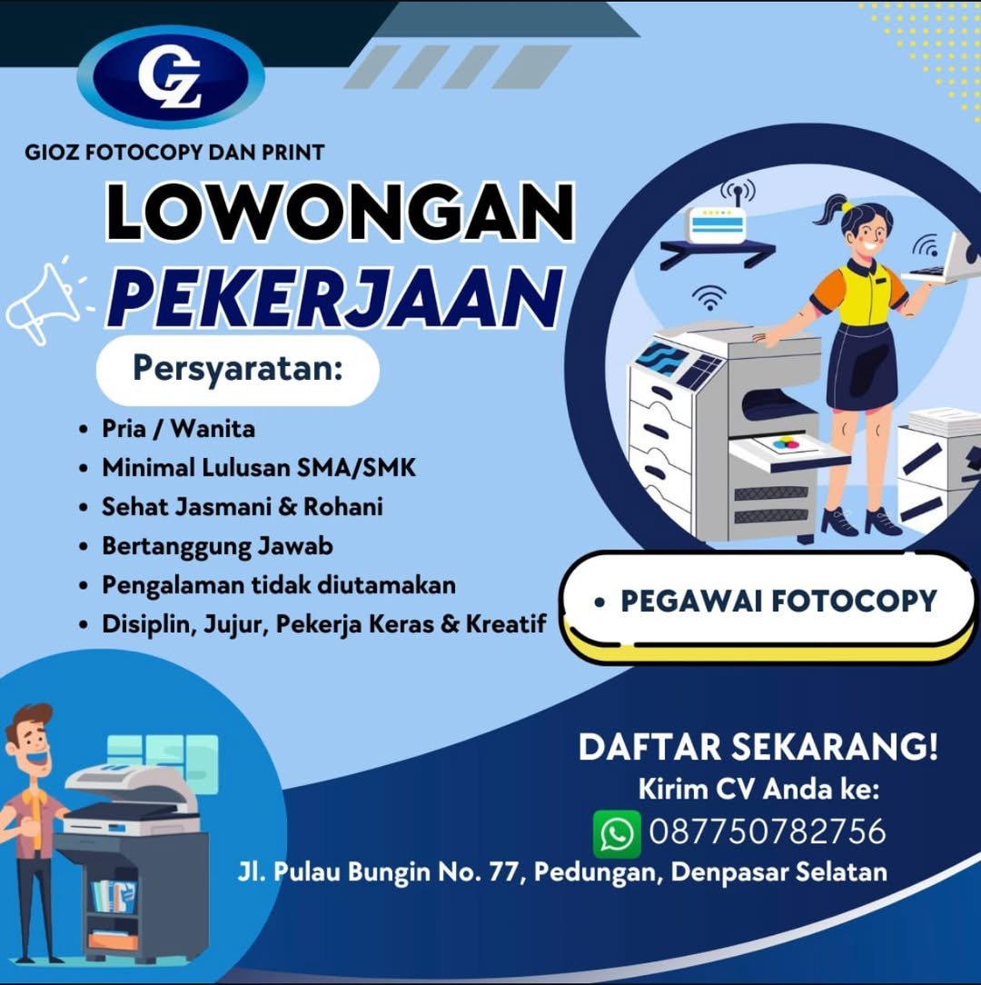 Lowongan Pekerjaan Pegawai Fotocopy di Gioz Fotocopy Denpasar