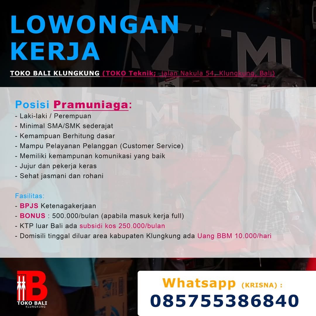 Lowongan Pramuniaga Toko Bali Klungkung