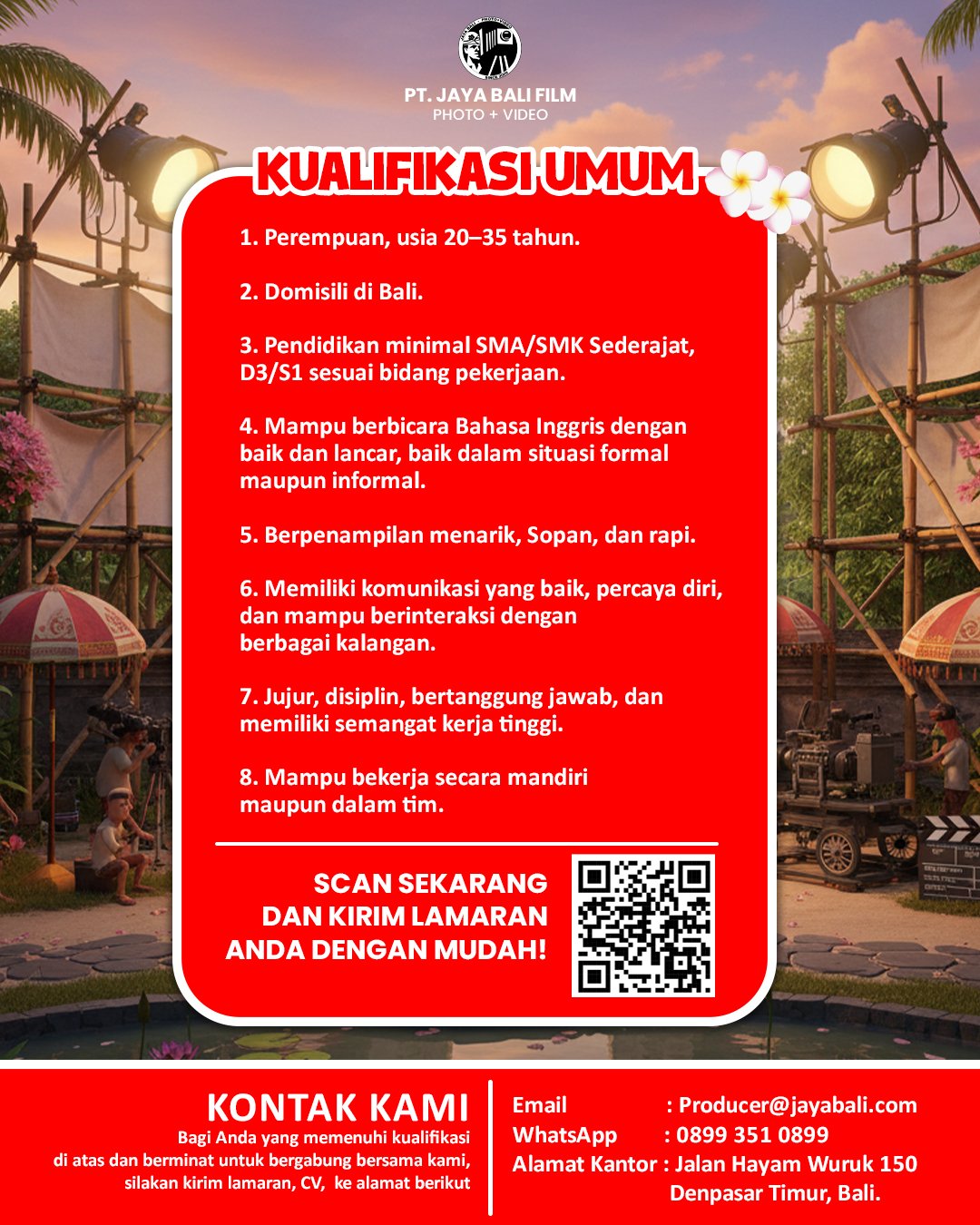 Lowongan Receptionist Jaya Bali Film Denpasar