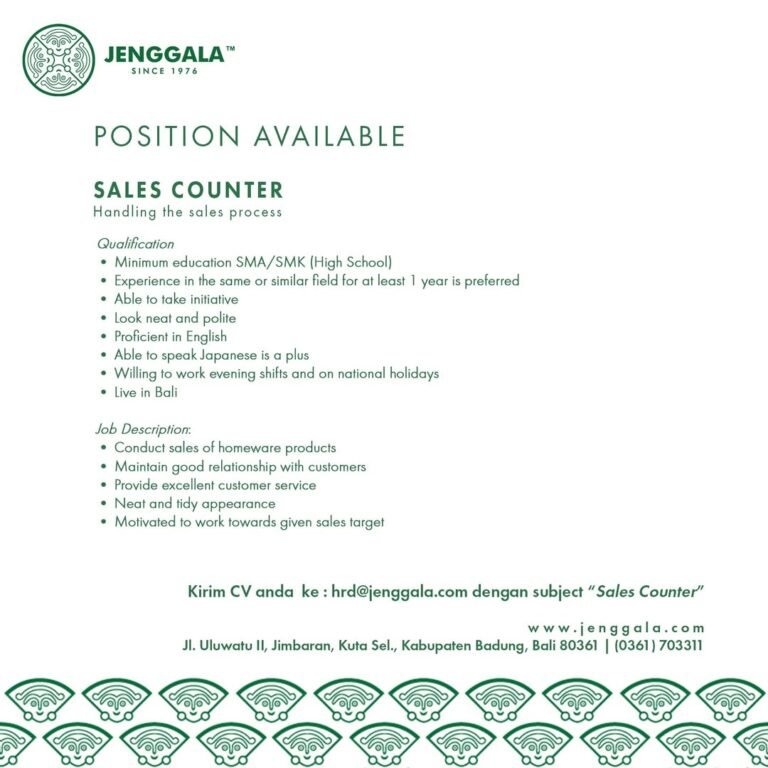 Lowongan Sales Counter Jenggala Jimbaran
