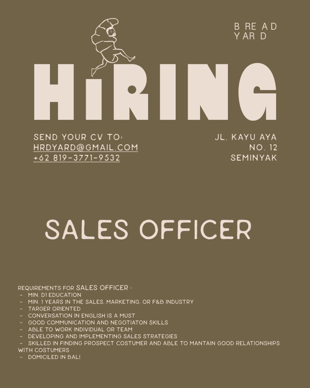 Lowongan Pekerjaan Sales Officer di Bread Yard Seminyak
