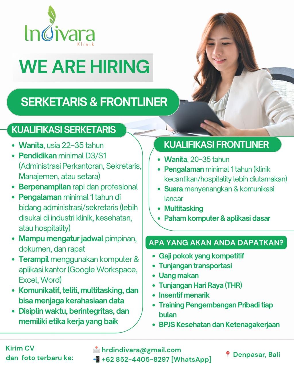 Lowongan Pekerjaan Sekretaris & Frontliner Denpasar