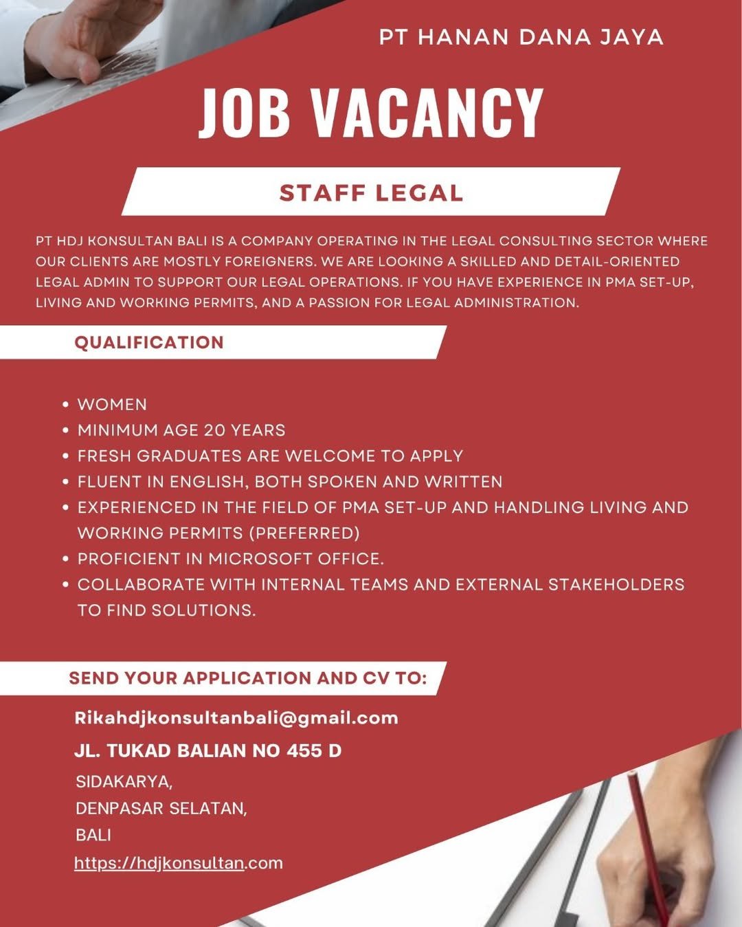 Lowongan Pekerjaan Staff Legal di PT Hanan Dana Jaya Denpasar
