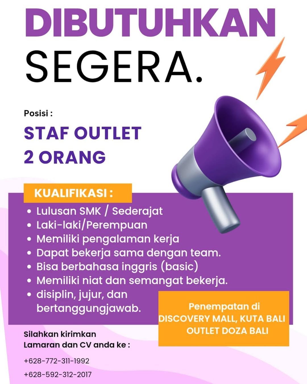 Lowongan Pekerjaan Staff Outlet di Doza Bali Kuta