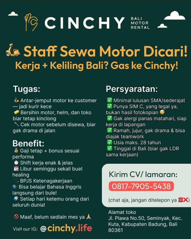 Lowongan Staff Sewa Motor Cinchy Bali Seminyak