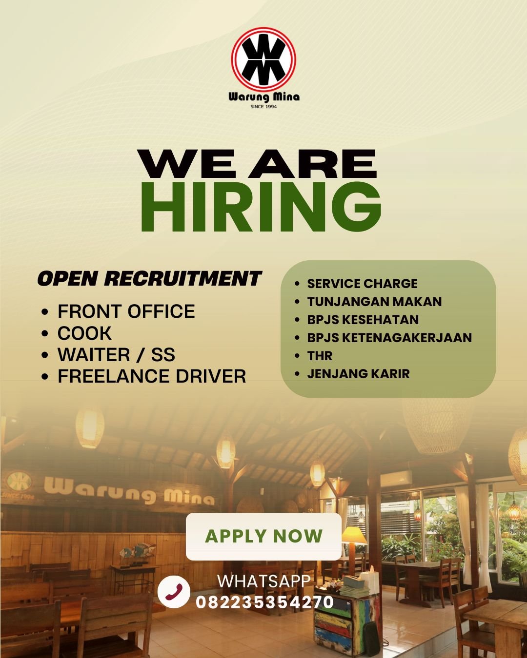 Lowongan Front Office Cook Waiter & Driver Warung Mina