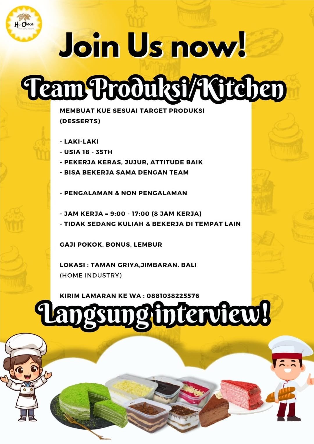 Lowongan Pekerjaan Team Produksi/Kitchen di Hi-Choco Jimbaran