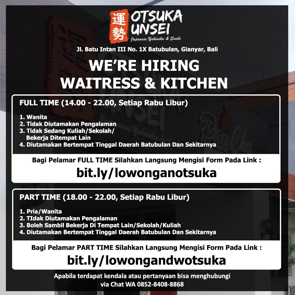Lowongan Waitress & Kitchen OTSUKA UNSEI Batubulan