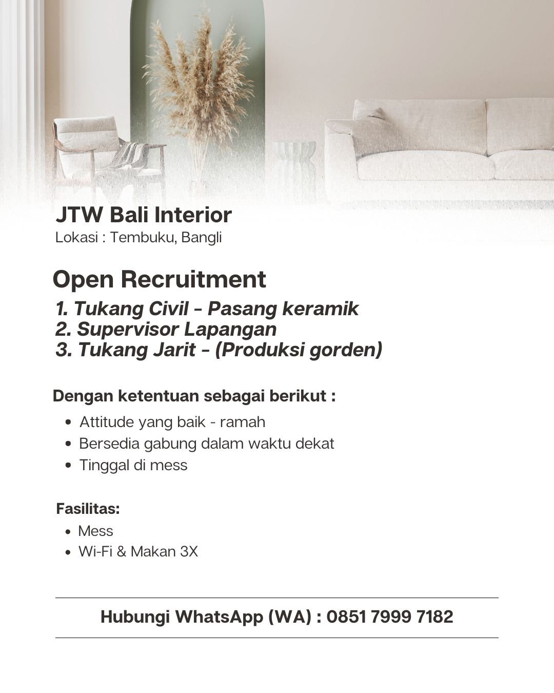 Lowongan Kerja JTW Bali Interior Bangli