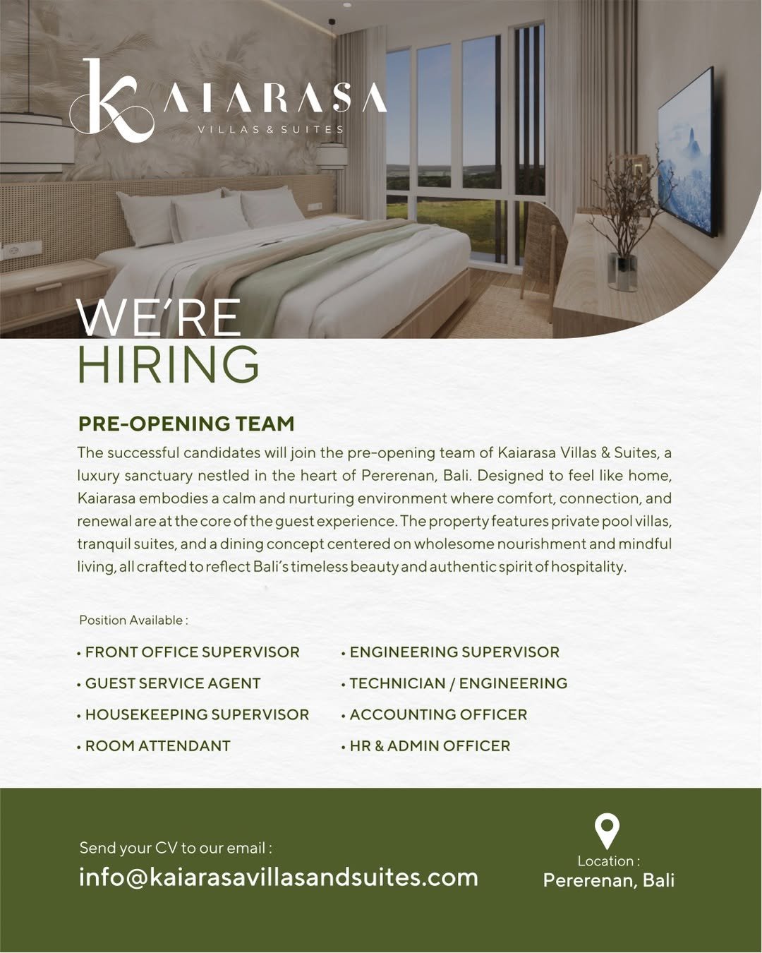 Lowongan Pre-Opening Team Kaiarasa Villas Pererenan