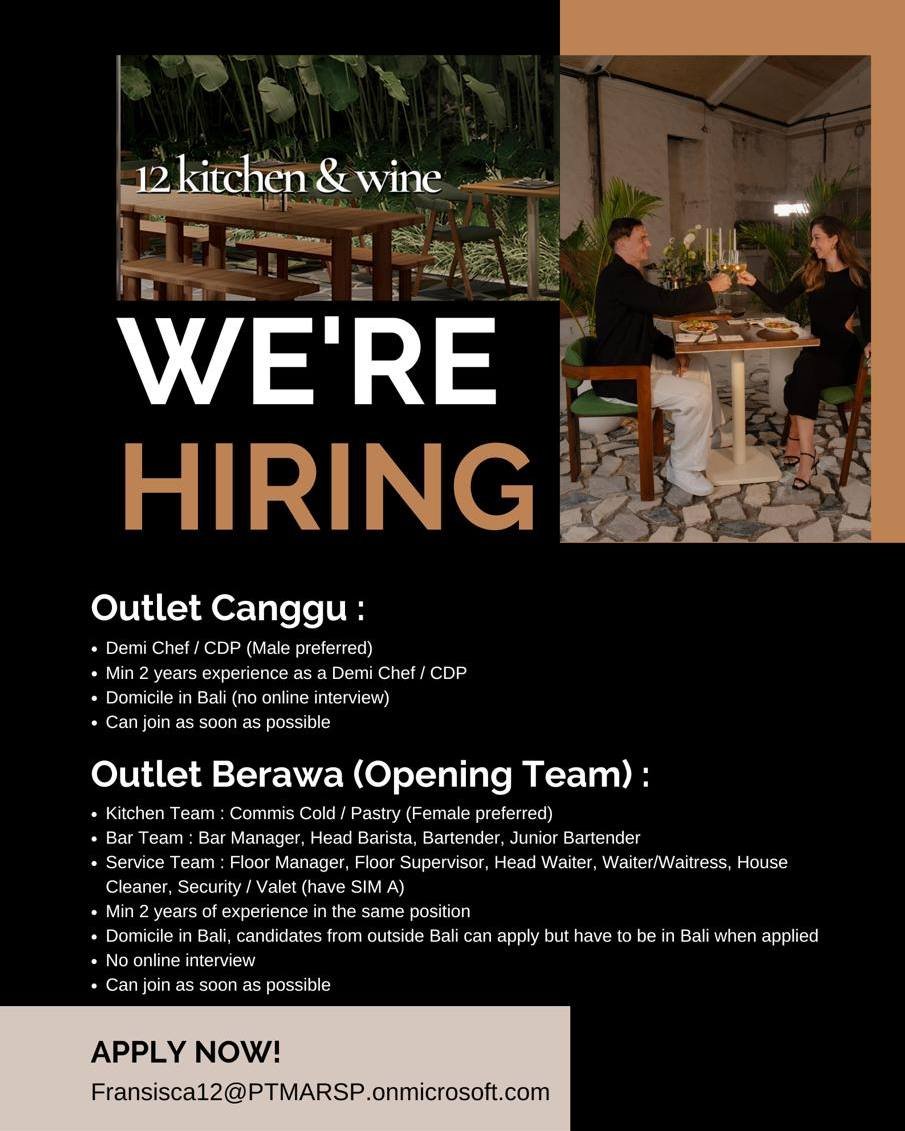 Lowongan Kerja 12 Kitchen & Wine Canggu & Berawa