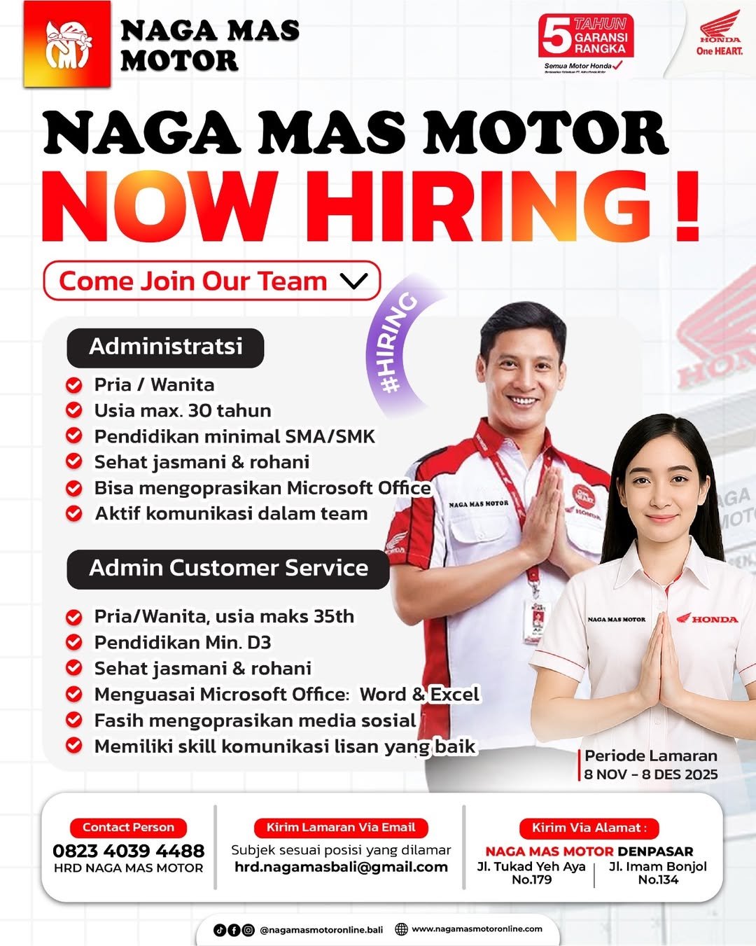 Lowongan Administrasi & Admin CS Naga Mas Motor Denpasar