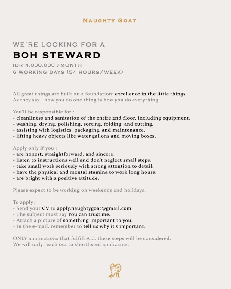 Lowongan BOH Steward Naughty Goat