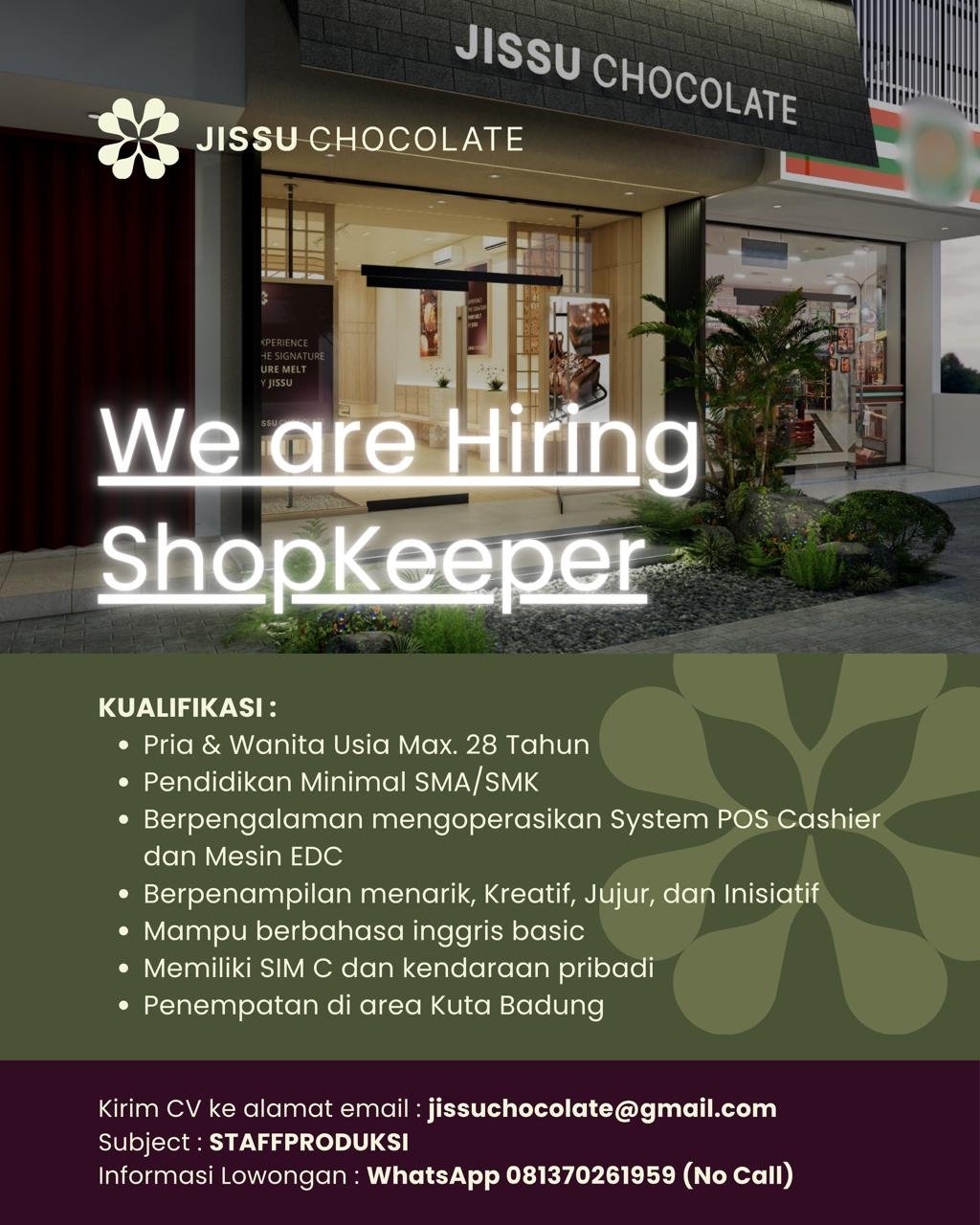 Lowongan Shopkeeper & Staff Produksi Jissu Chocolate