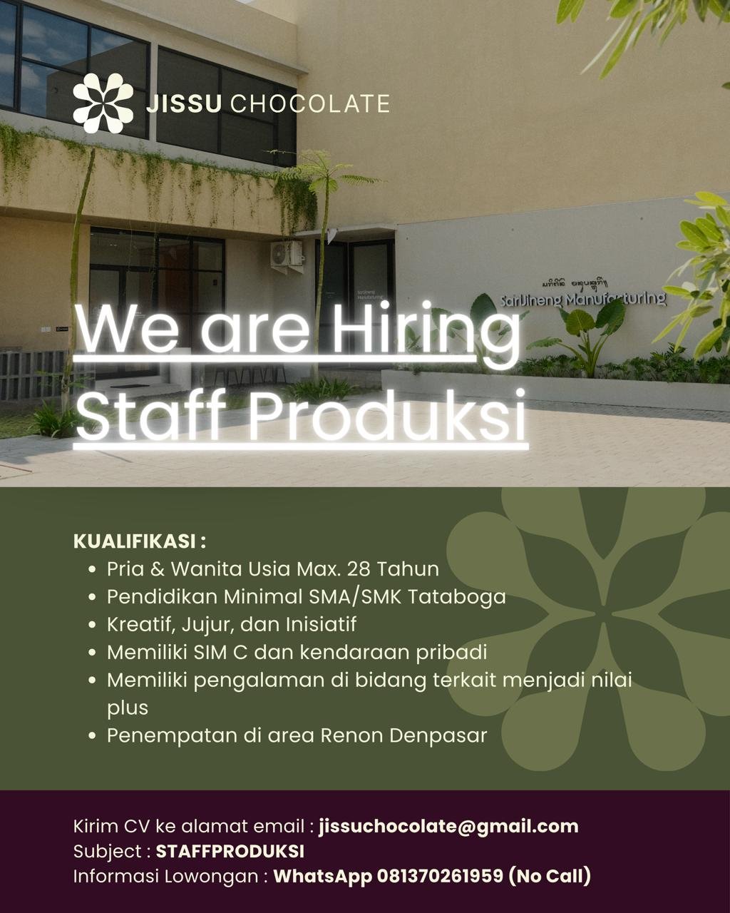 Lowongan Shopkeeper & Staff Produksi Jissu Chocolate