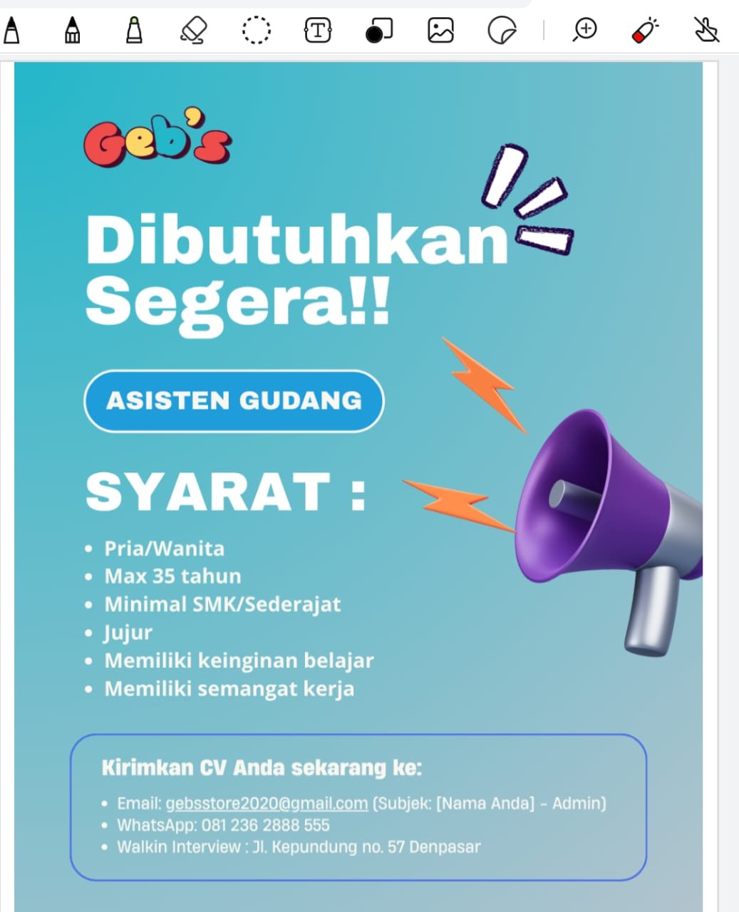 Lowongan Asisten Gudang Geb's Denpasar