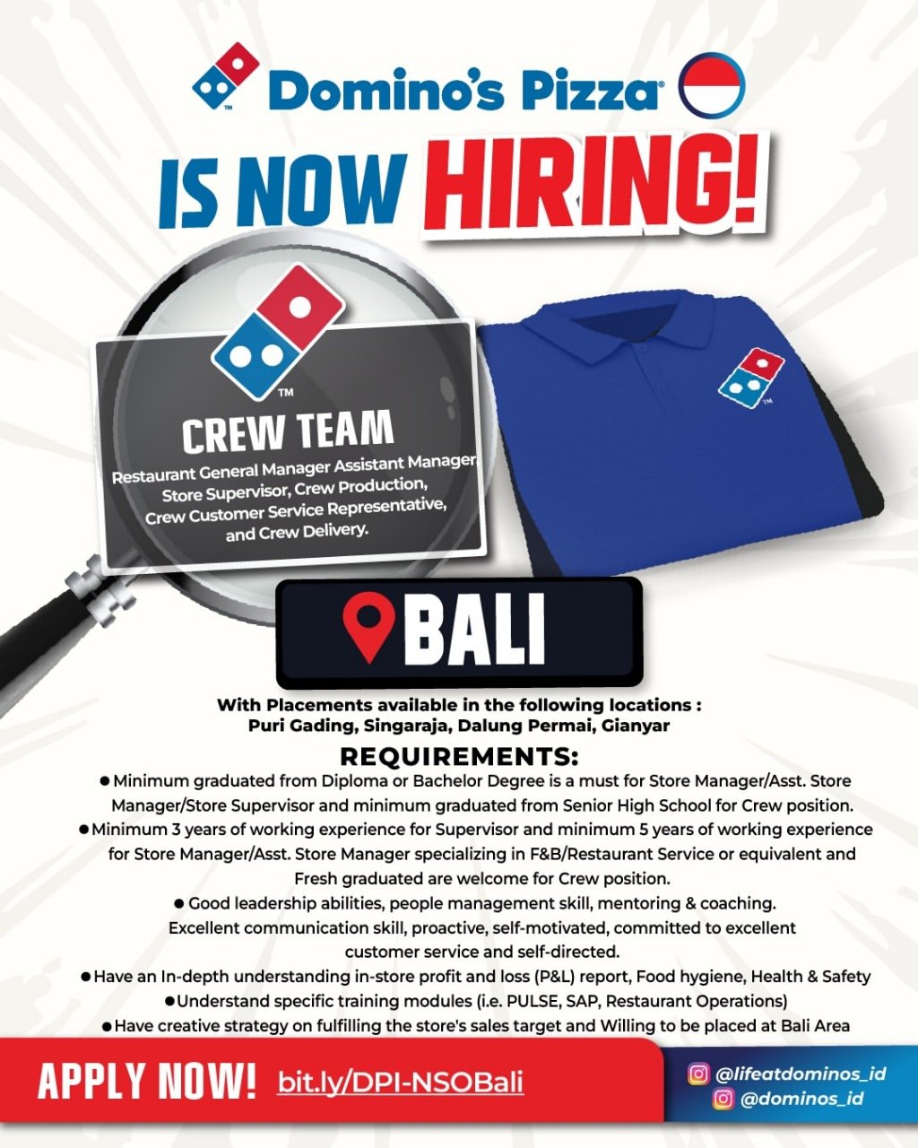 Lowongan Crew Team & Management Domino's Pizza Bali