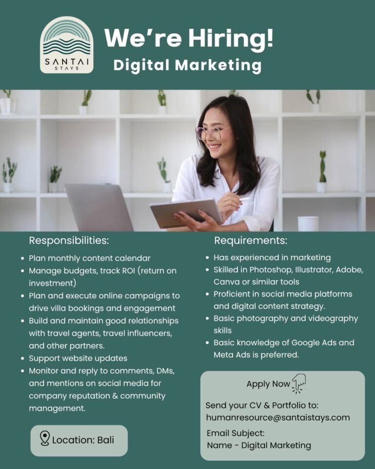 Lowongan Pekerjaan Front Desk Admin & Digital Marketing di Santai Stays Bali