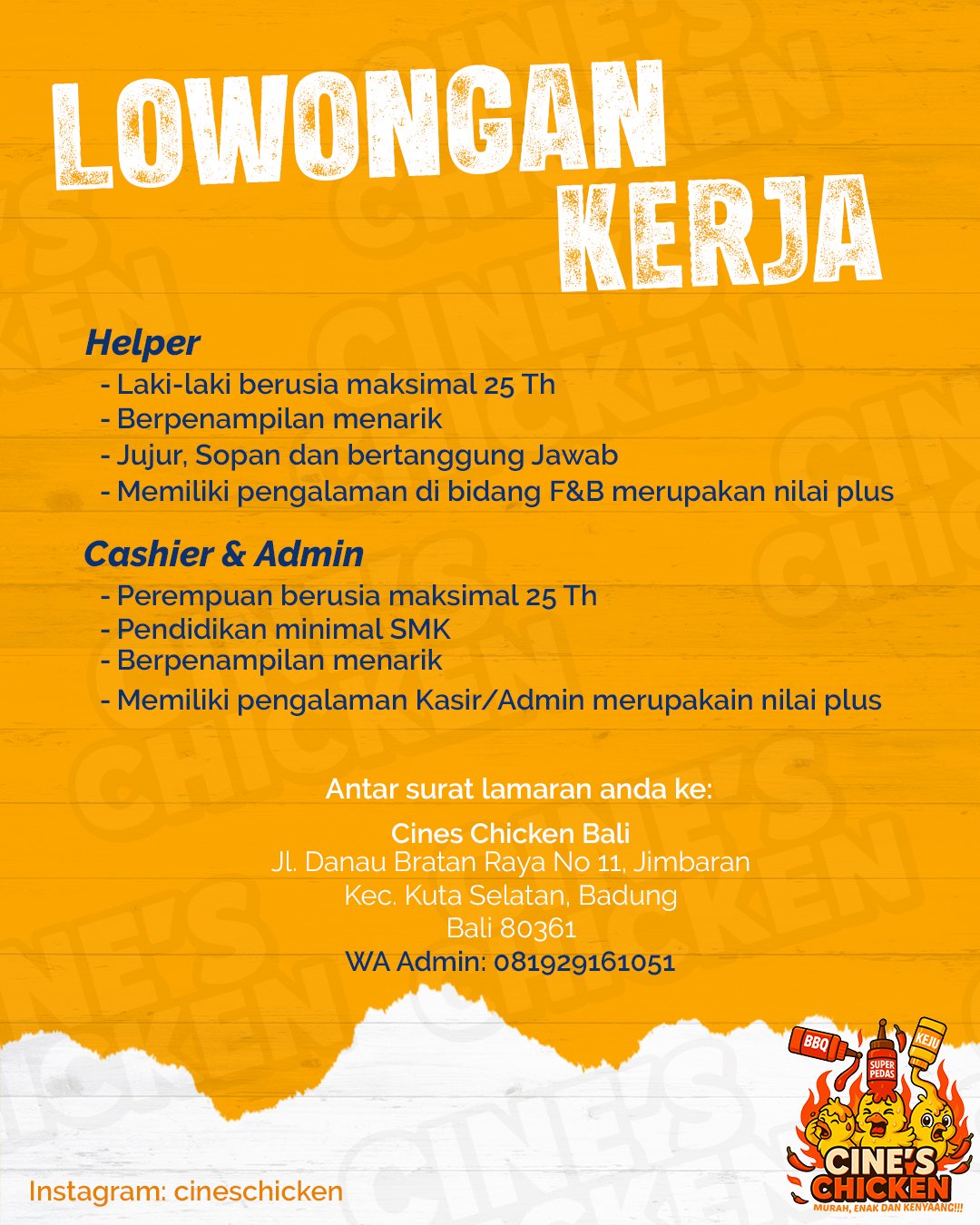 Lowongan Pekerjaan Cine's Chicken Bali Jimbaran